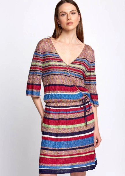 Pointelle Detail Striped V Neck Wrap Short Knit Dress - 6