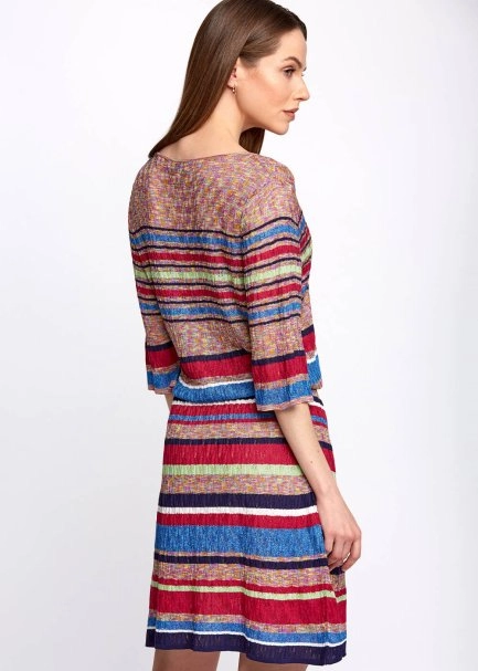 Pointelle Detail Striped V Neck Wrap Short Knit Dress - 7