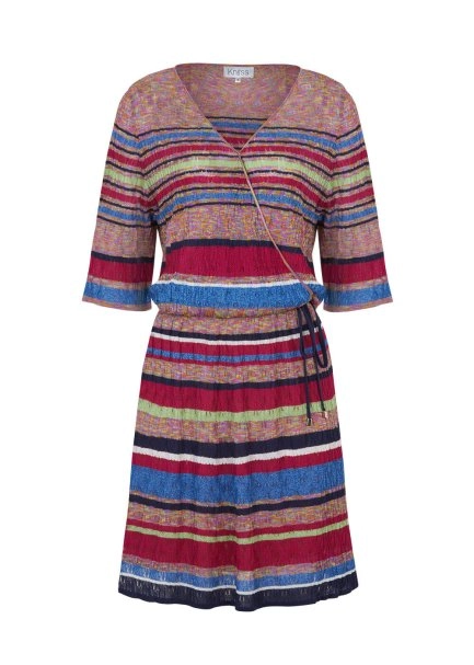 Pointelle Detail Striped V Neck Wrap Short Knit Dress - 8