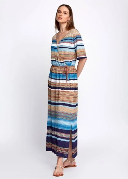 Pointelle Detail Striped Wrap Long Knit Dress - 1