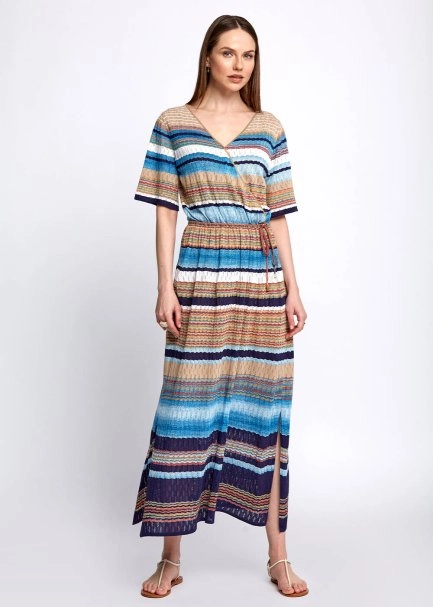 Pointelle Detail Striped Wrap Long Knit Dress - 2