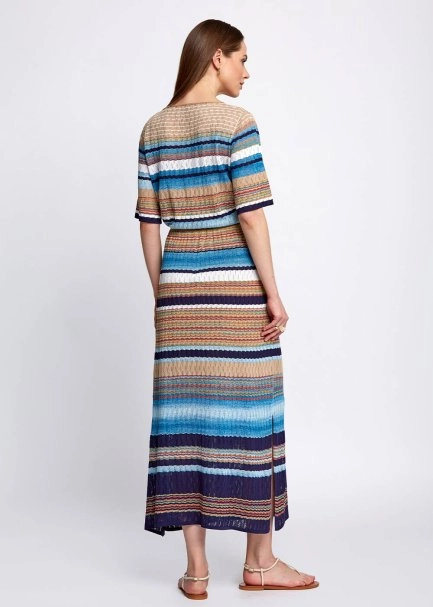 Pointelle Detail Striped Wrap Long Knit Dress - 3