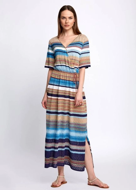 Pointelle Detail Striped Wrap Long Knit Dress - 4