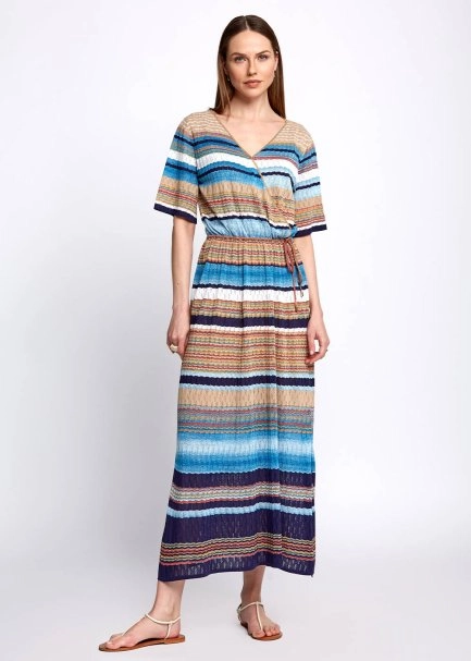 Pointelle Detail Striped Wrap Long Knit Dress - 5