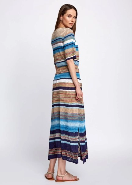 Pointelle Detail Striped Wrap Long Knit Dress - 6