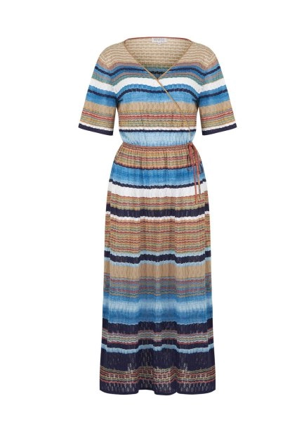 Pointelle Detail Striped Wrap Long Knit Dress - 8