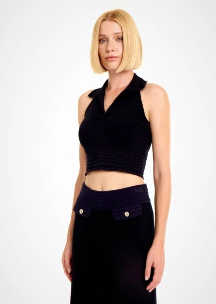 POLO NECK BLACK CROP KNIT TOP - 3