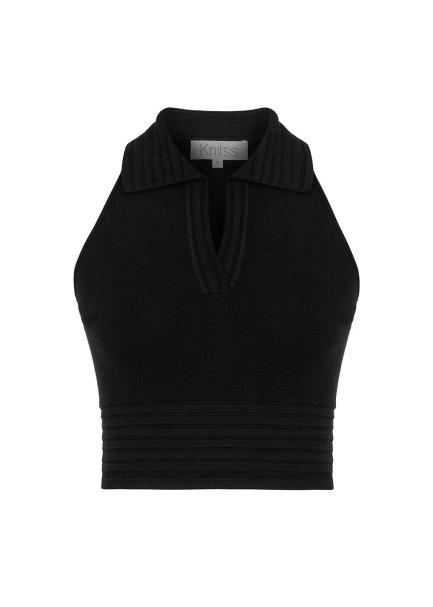 POLO NECK BLACK CROP KNIT TOP - 6