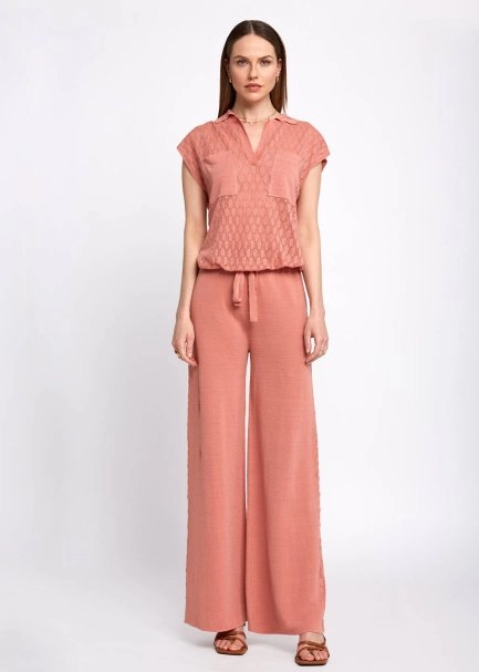 Polo Neck Drawstring Pocket Detail Rose Knit Shirt - 2