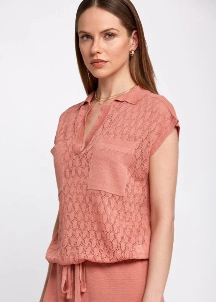 Polo Neck Drawstring Pocket Detail Rose Knit Shirt - 3
