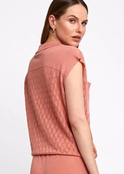 Polo Neck Drawstring Pocket Detail Rose Knit Shirt - 4