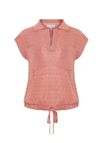 Polo Neck Drawstring Pocket Detail Rose Knit Shirt - 8