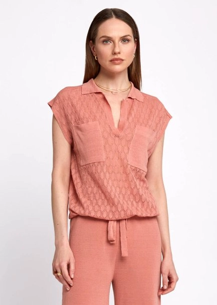 Polo Neck Drawstring Pocket Detail Rose Knit Shirt - 1