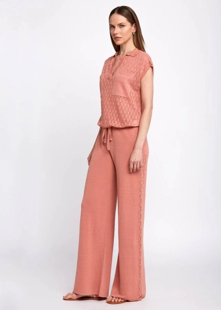 Polo Neck Drawstring Pocket Detail Rose Knit Shirt - 5