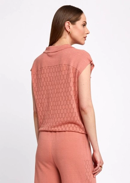 Polo Neck Drawstring Pocket Detail Rose Knit Shirt - 6