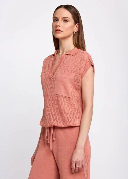 Polo Neck Drawstring Pocket Detail Rose Knit Shirt - 7