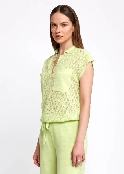 Polo Neck Drawstring Pocket Detail Green Knit Shirt - 3