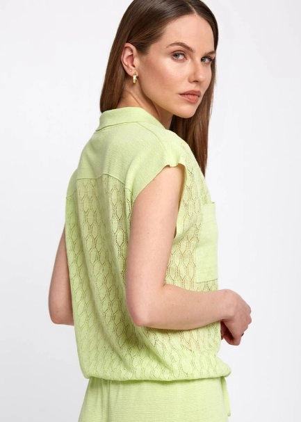 Polo Neck Drawstring Pocket Detail Green Knit Shirt - 7