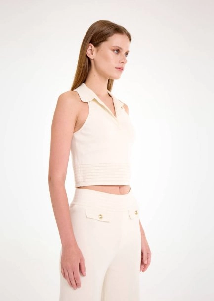 POLO NECK ECRU CROP KNIT TOP - 4