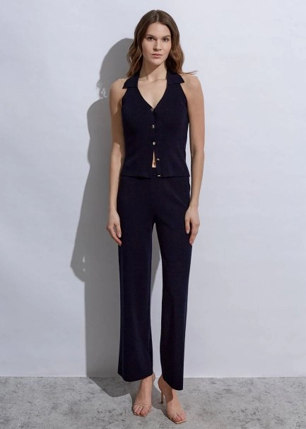 Polo Neck Fıtted Navy Knıt Top - 2