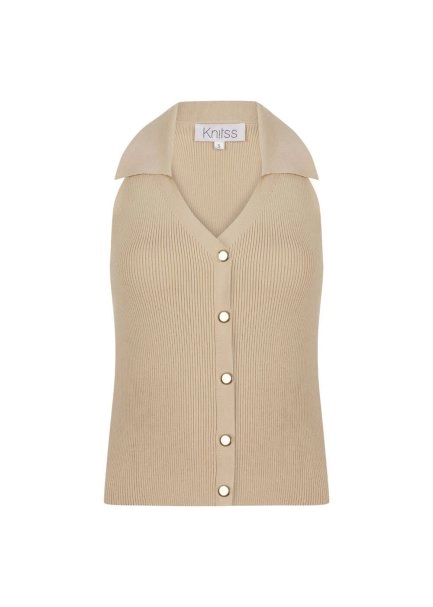 Polo Neck Fıtted Sand Knıt Top - 7