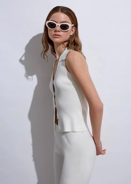 Polo Neck Fıtted Whıte Knıt Top - 5