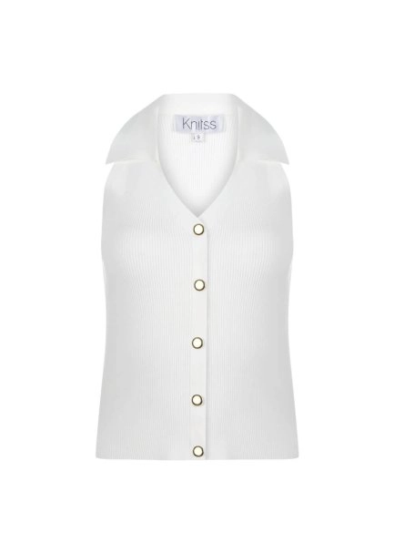 Polo Neck Fıtted Whıte Knıt Top - 7