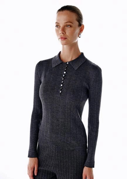 POLO NECK MERINO WOOL RICH BLEND KNIT TOP DARK GREY - 3