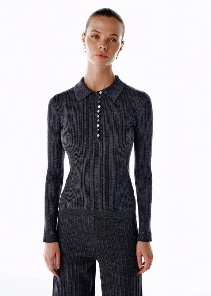 POLO NECK MERINO WOOL RICH BLEND KNIT TOP DARK GREY - 1