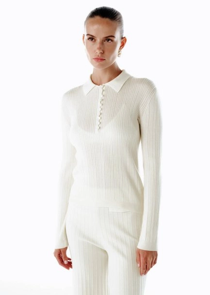 POLO NECK MERINO WOOL RICH BLEND KNIT TOP ECRU - 3