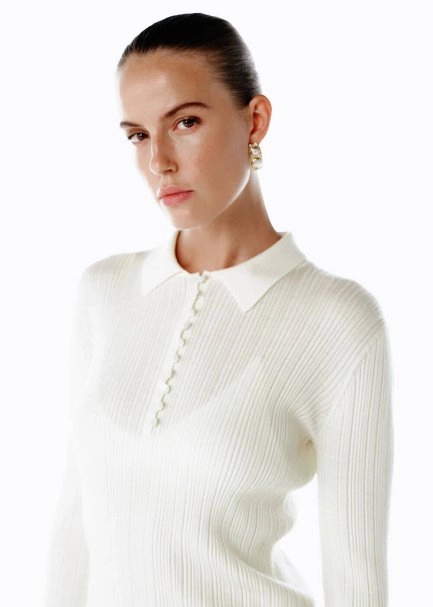 POLO NECK MERINO WOOL RICH BLEND KNIT TOP ECRU - 1