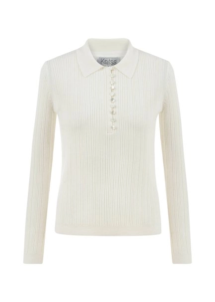 POLO NECK MERINO WOOL RICH BLEND KNIT TOP ECRU - 6