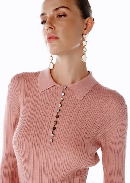 POLO NECK MERINO WOOL RICH BLEND KNIT TOP PINK CLAY - 1