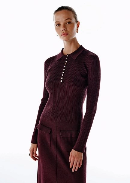 POLO NECK MERINO WOOL RICH BLEND KNIT TOP PLUM - 3