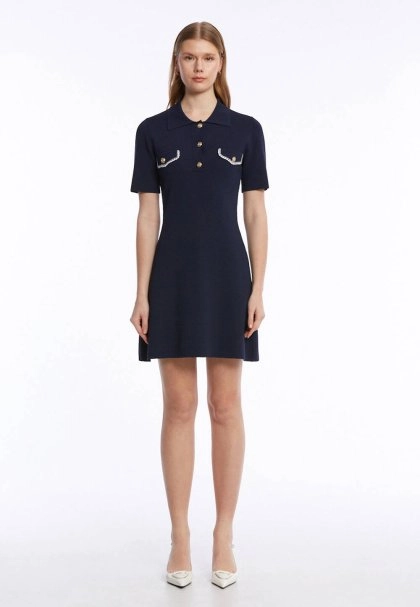POLO NECK NAVY KNIT DRESS - 1