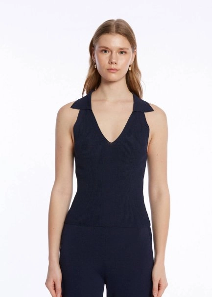 POLO NECK NAVY KNIT TOP - 1