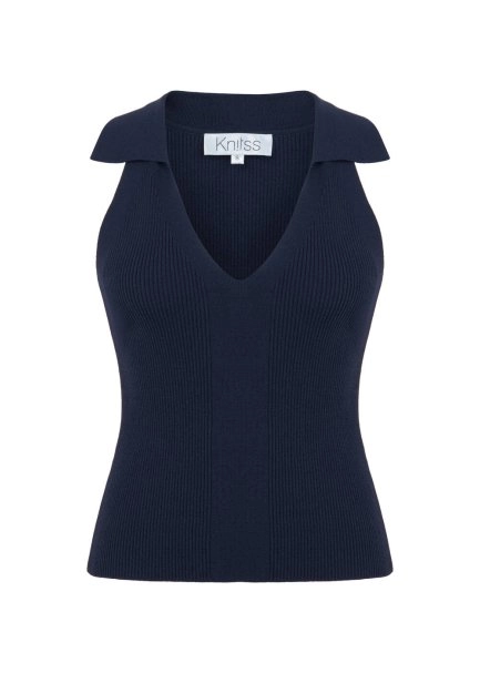 POLO NECK NAVY KNIT TOP - 6