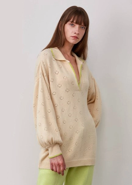 Polo Neck Poıntelle Wool Blend Cream Sweater - 1