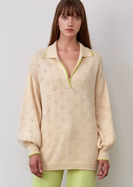 Polo Neck Poıntelle Wool Blend Cream Sweater - 6