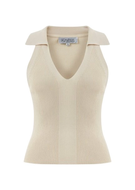 POLO NECK SAND KNIT TOP - 6