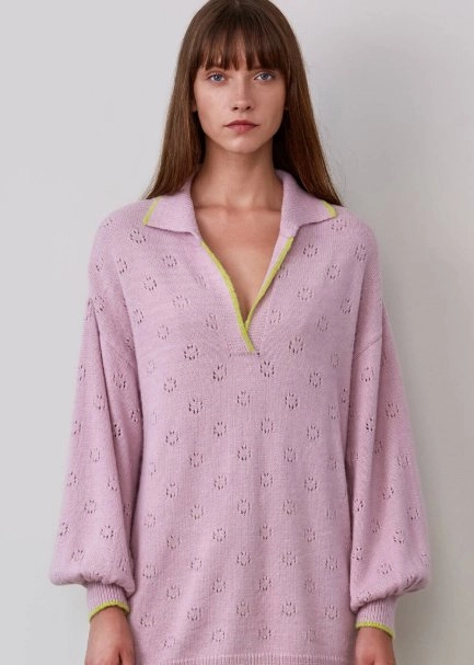 Polo Yaka Ajur Örgü Lila Yün Karışımlı Kazak - 6