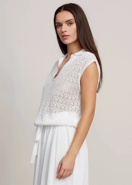 Polo Yaka Beli Bağcıklı Beyaz Triko Üst - 4