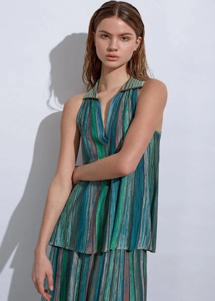 Polo Yaka Çizgi Desenli Yeşil Triko Üst - 2