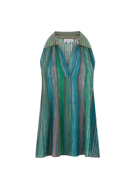 Polo Yaka Çizgi Desenli Yeşil Triko Üst - 7