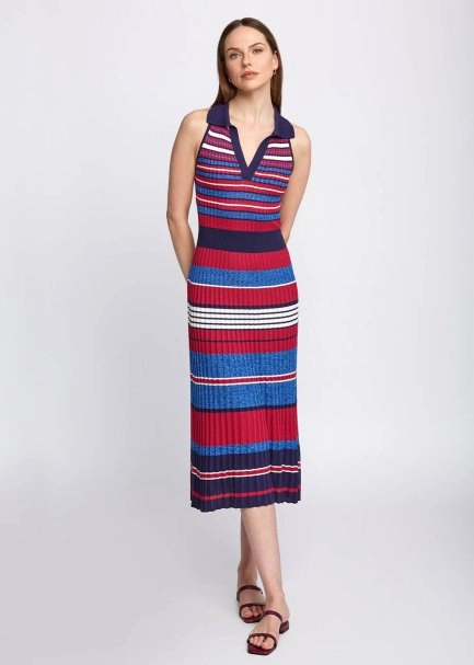 Polo Yaka Çizgili Mavi Midi Triko Elbise - 1