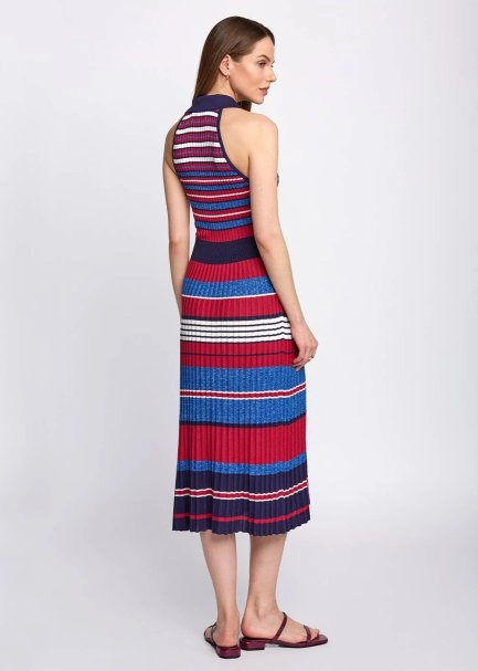 Polo Yaka Çizgili Mavi Midi Triko Elbise - 3