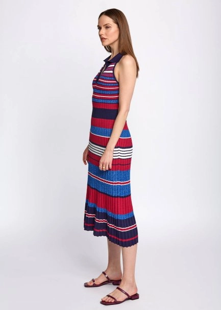 Polo Yaka Çizgili Mavi Midi Triko Elbise - 4