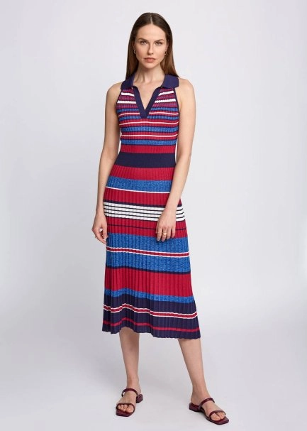 Polo Yaka Çizgili Mavi Midi Triko Elbise - 5