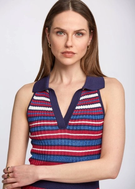 Polo Yaka Çizgili Mavi Midi Triko Elbise - 6