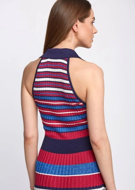 Polo Yaka Çizgili Mavi Midi Triko Elbise - 7